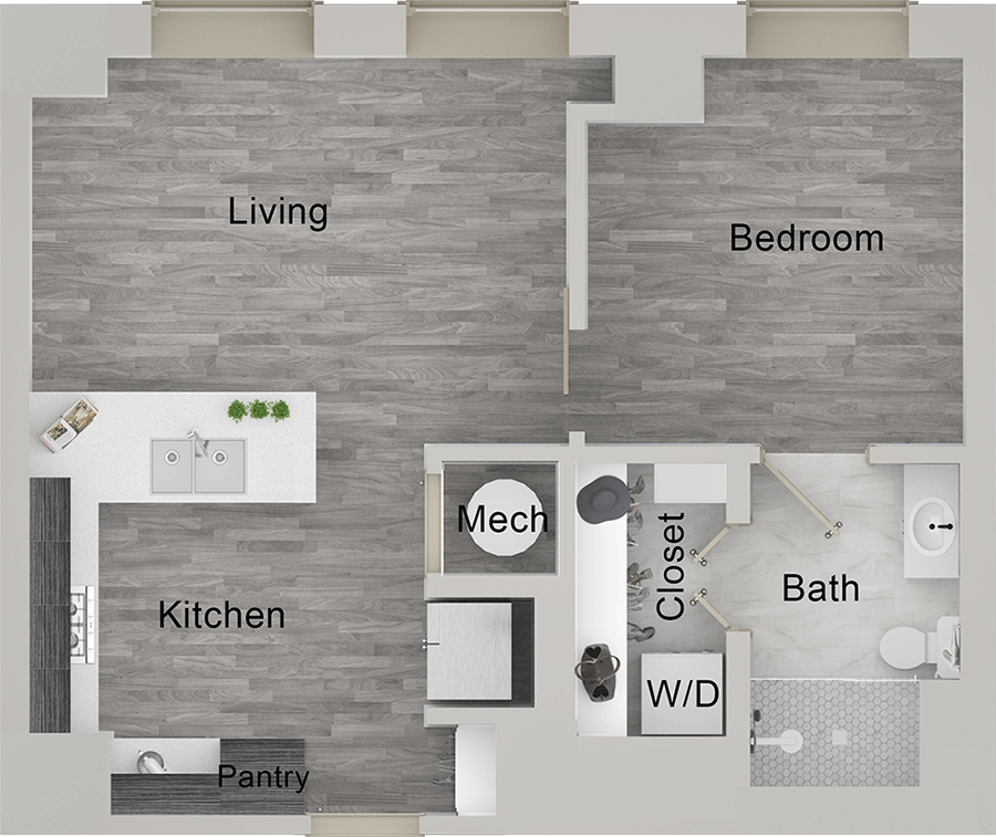 A A1 unit with 1 Bedrooms and 1 Bathrooms with area of 674 sq. ft