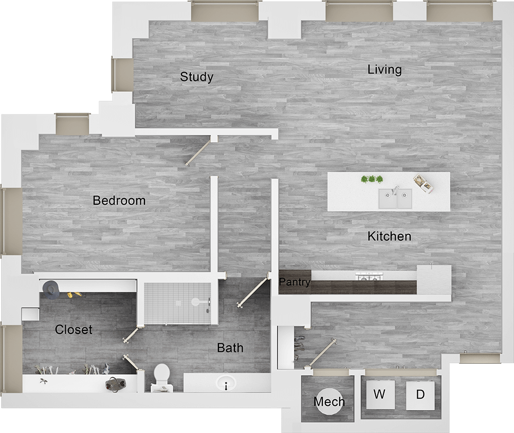 A A16 unit with 1 Bedrooms and 1 Bathrooms with area of 1037 sq. ft