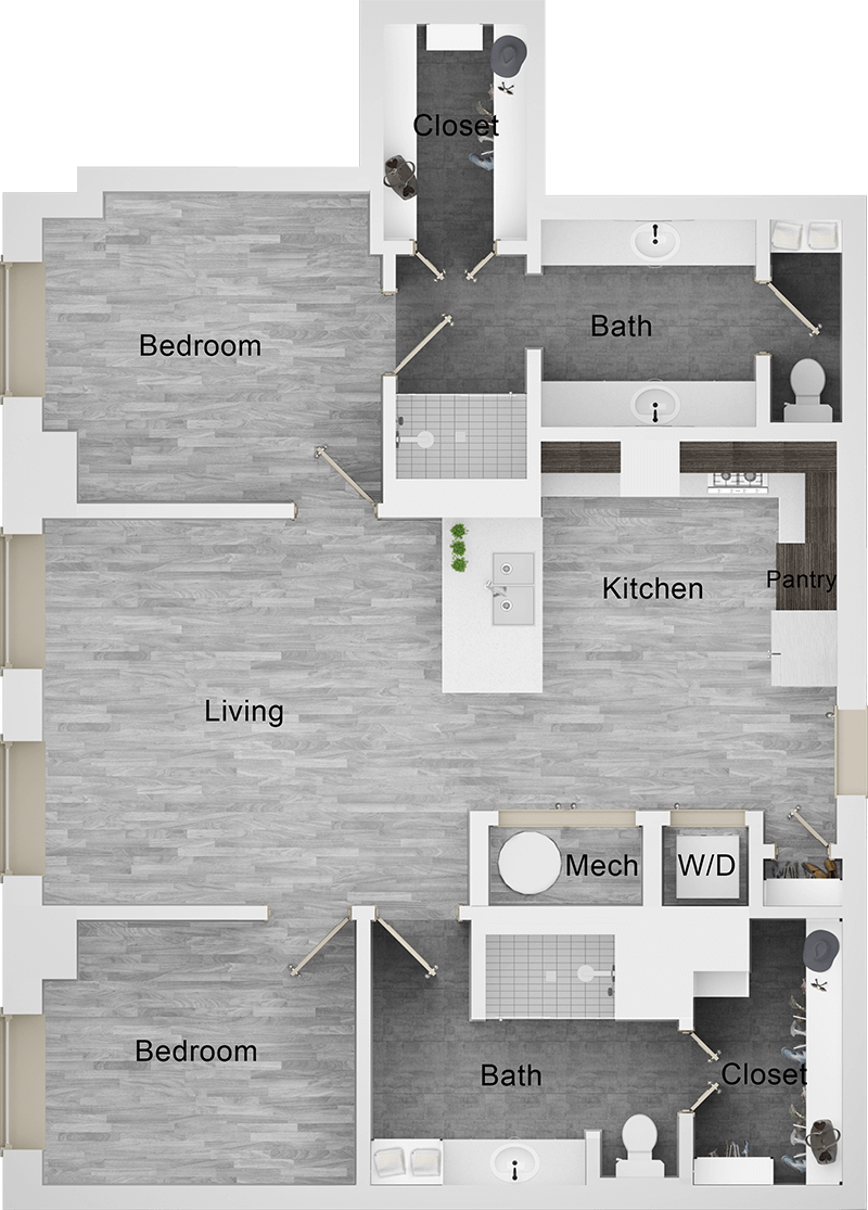 A B1 unit with 2 Bedrooms and 2 Bathrooms with area of 1255 sq. ft