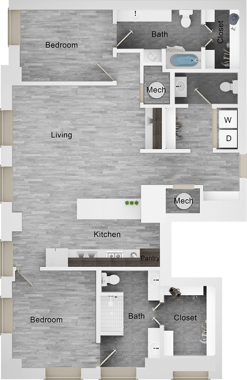 A B7 unit with 2 Bedrooms and 2 Bathrooms with area of 1524 sq. ft