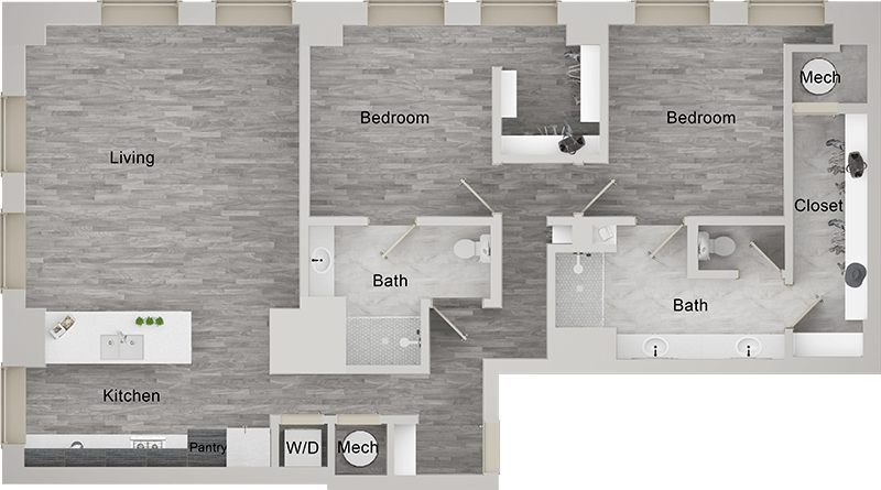 A B8 unit with 2 Bedrooms and 2 Bathrooms with area of 1574 sq. ft