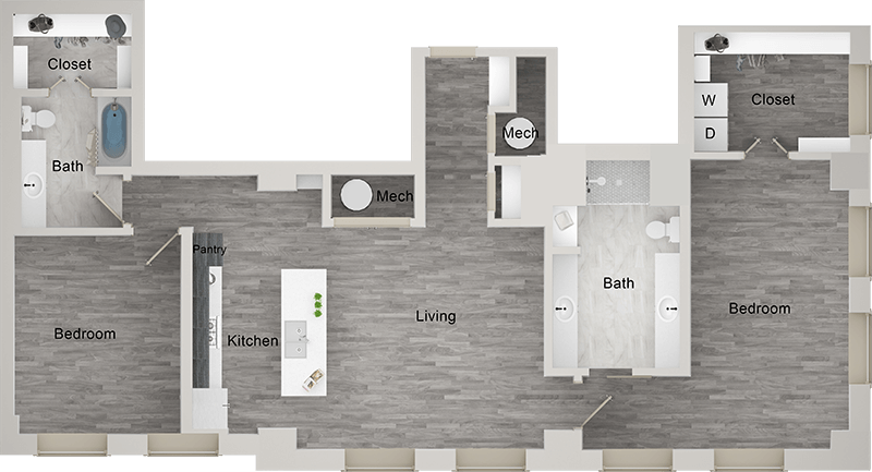 A B9 unit with 2 Bedrooms and 2 Bathrooms with area of 1618 sq. ft