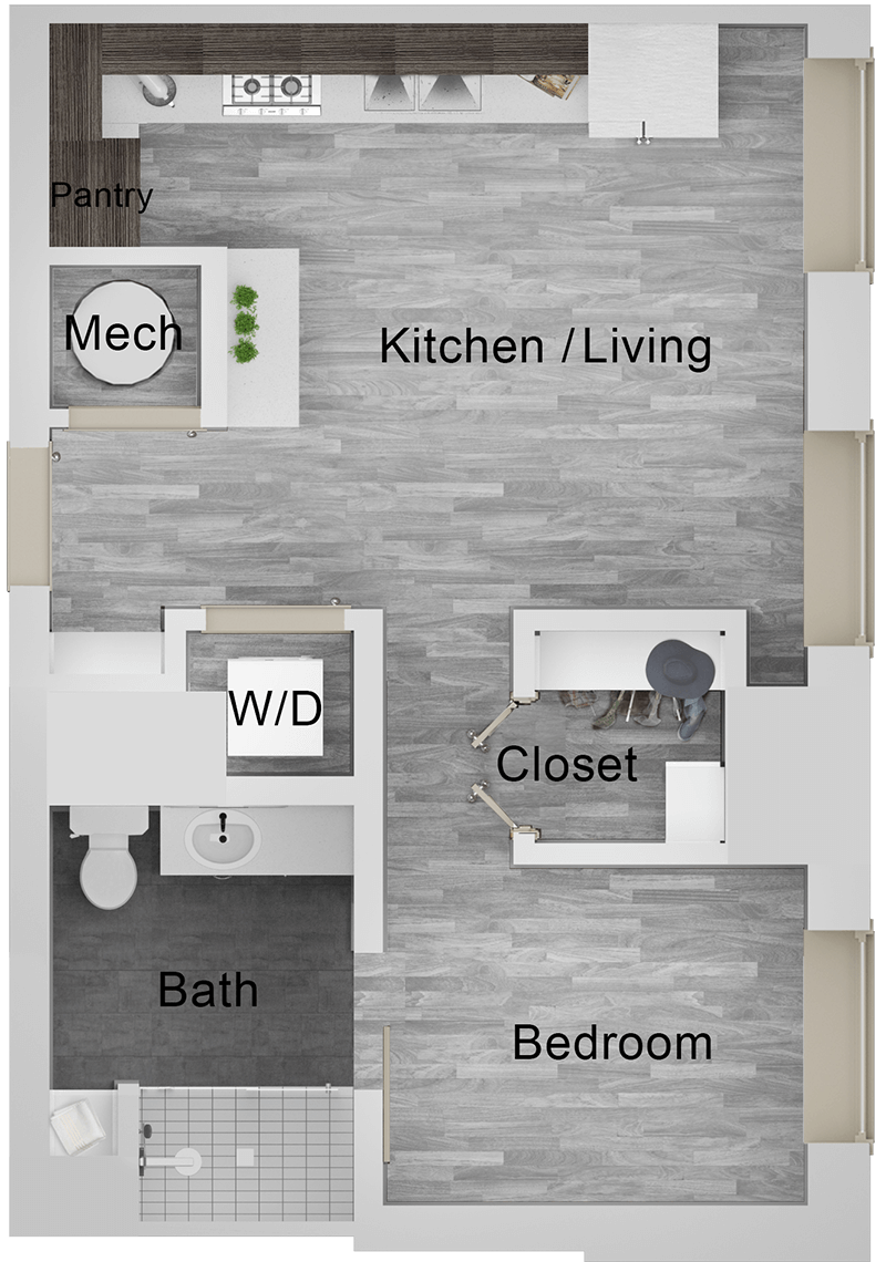 A S1 unit with STUDIO Bedrooms and 1 Bathrooms with area of 568 sq. ft