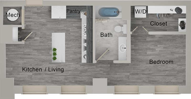 A S2 unit with STUDIO Bedrooms and 1 Bathrooms with area of 577 sq. ft