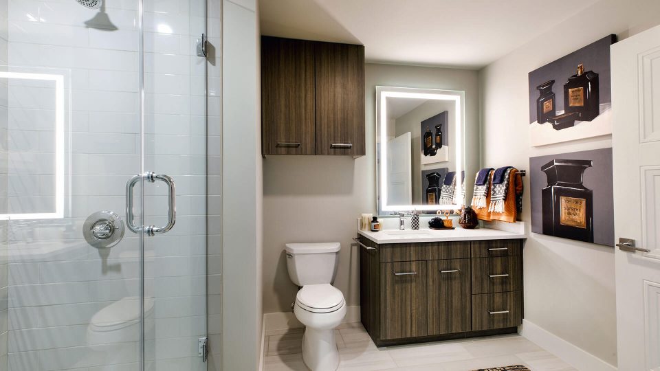 a bathroom with a shower, toilet and sink at The First