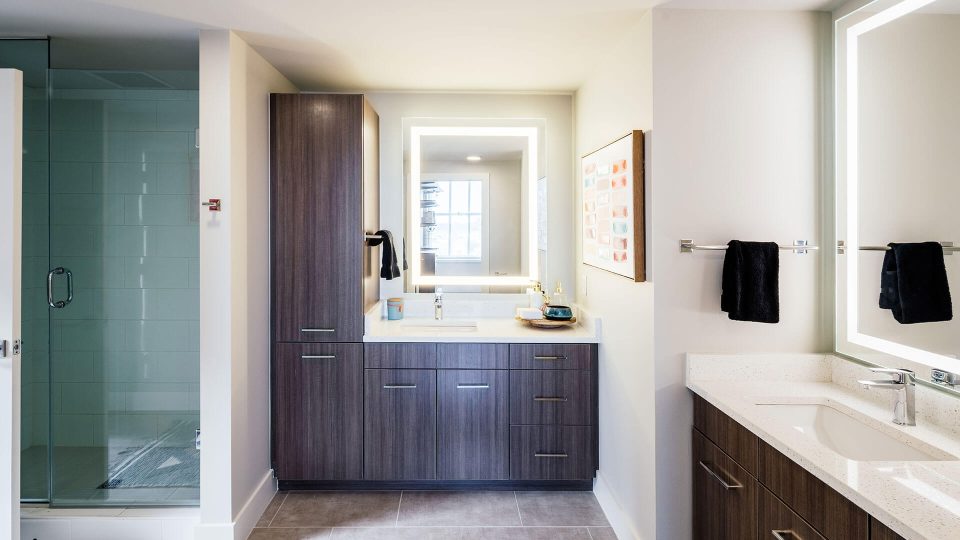 a bathroom with a large mirror and a sink at The First