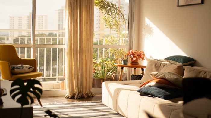Bright apartment living room with large window