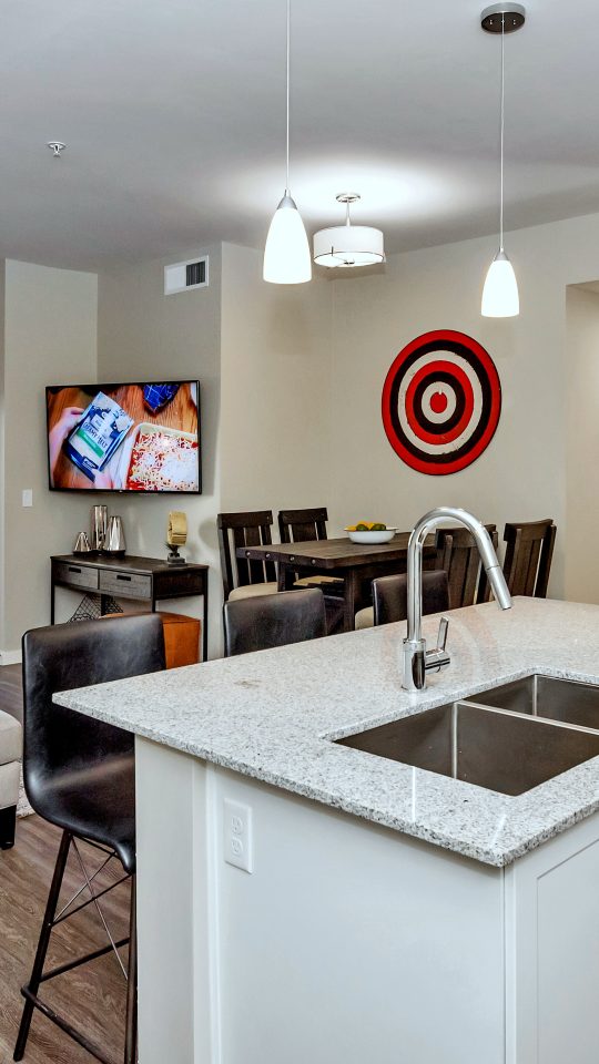 Modern open-concept apartment kitchen and living room layout.