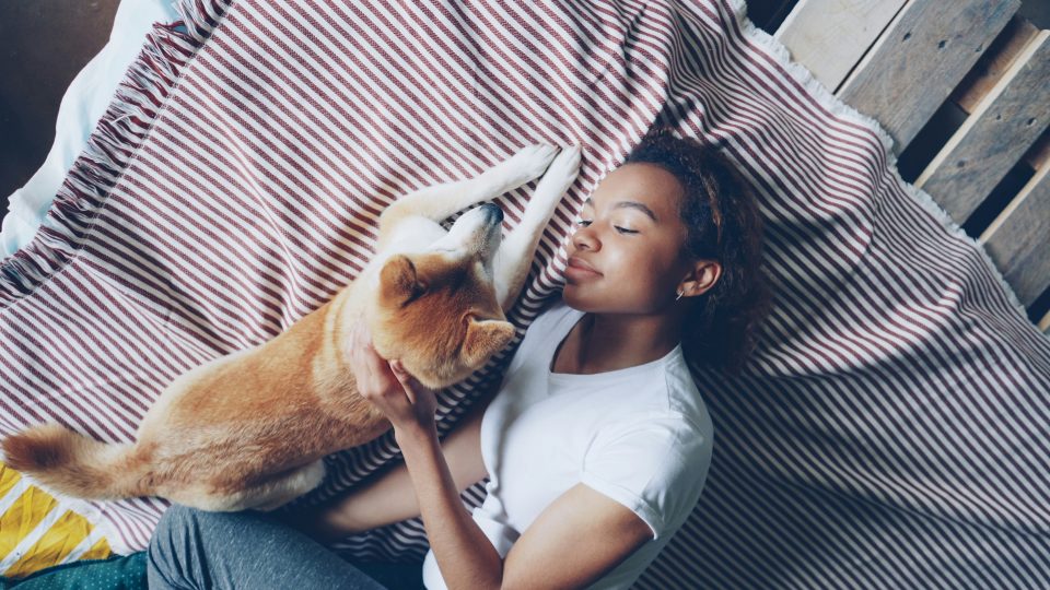 A woman lays with her dog on a bed.