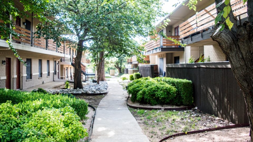a walkway with bushes and trees in front of an apartment building at The Cedars Apartments
