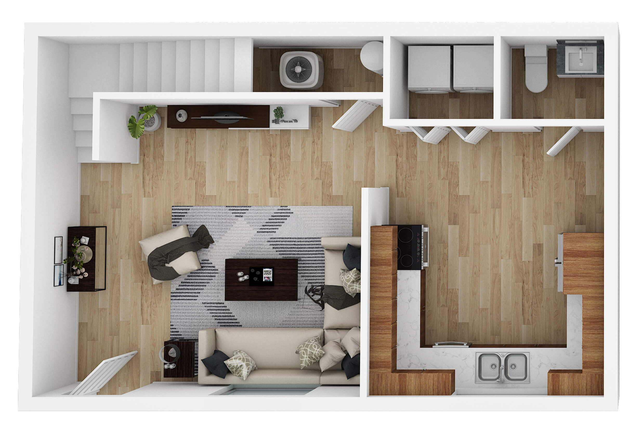 a 3d rendering of a two bedroom apartment at The Breezeway Townhomes