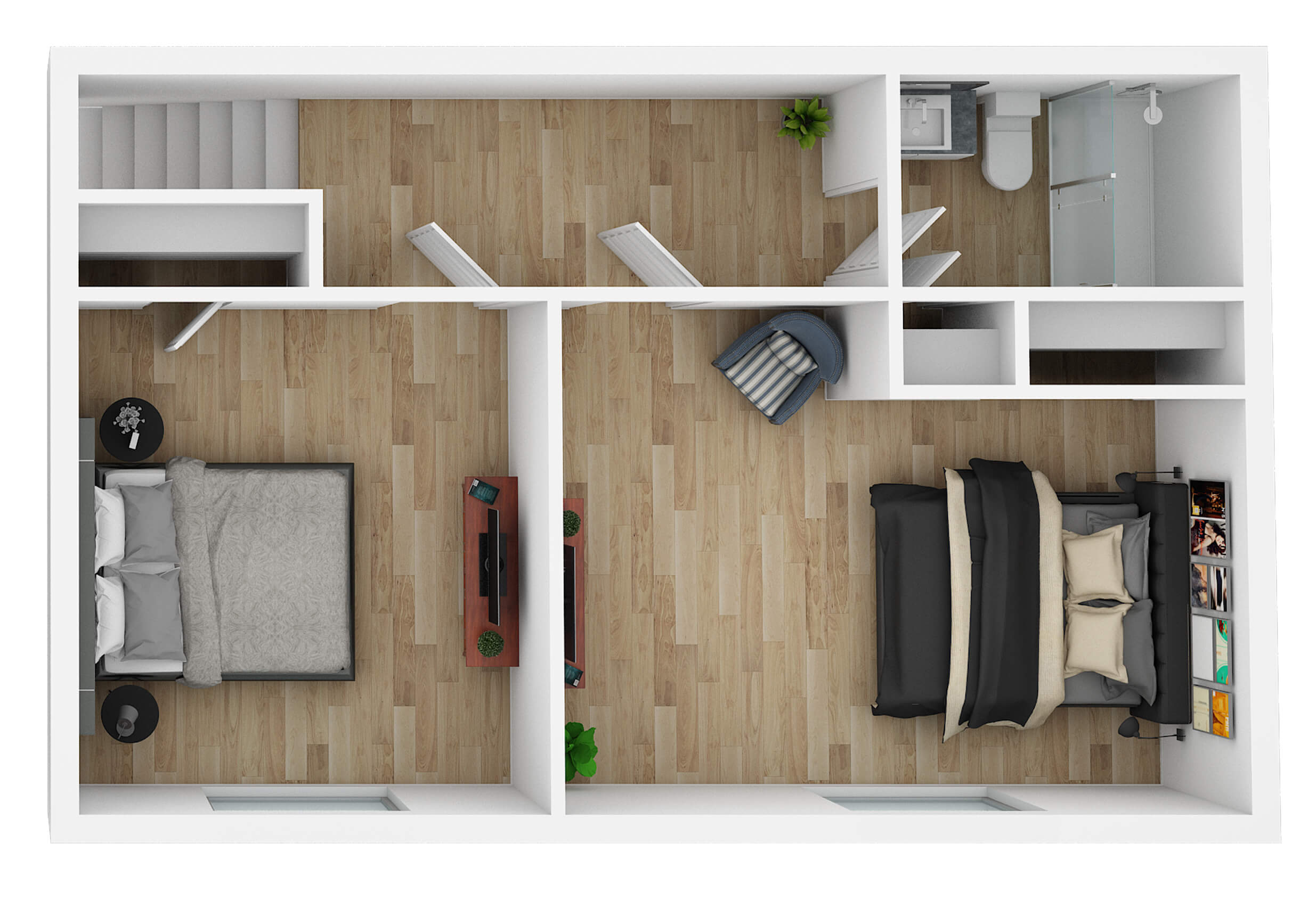 a 3d floor plan of a two bedroom apartment at The Breezeway Townhomes