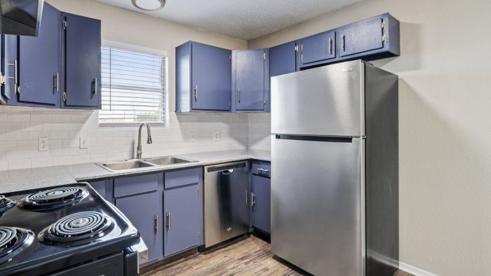 a kitchen with blue cabinets and stainless steel appliances at The Breezeway Townhomes