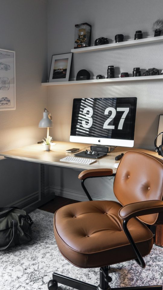 Desk area with floating wall shelves