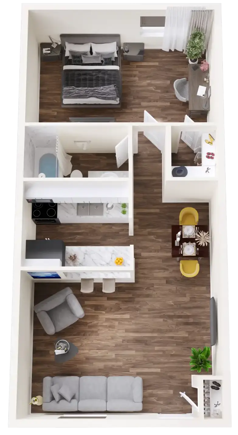 1 Bedroom 1 Bath - 3D Plan