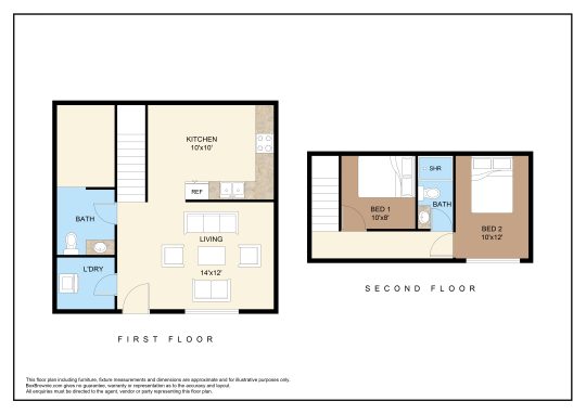 The image depicts a detailed floor plan of a two-story house. The first floor features a spacious kitchen with a reference area, a living room, a bathroom, and a laundry room. The second floor includes a bathroom, a walk-in closet, and two bedrooms. The layout is designed for efficient use of space, emphasizing comfort and functionality. The house is ideal for a family, offering ample room for both daily activities and relaxation.