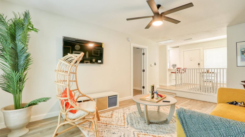 Living room with a fan and a TV