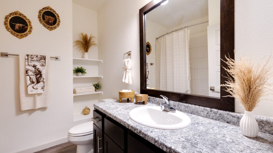One-Bedroom Apartments in Boerne, TX - Garden Creek Apartments - Bathroom with Built-In Shelves, Garden-Style Tub with Tiled Walls, and a Large Vanity