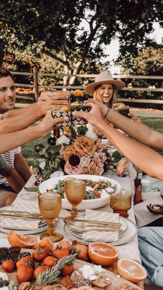 Group of friends toasting drinks at an outdoor gathering
