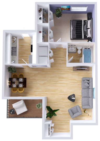 a 3d floor plan of a one bedroom apartment at The  Lennox
