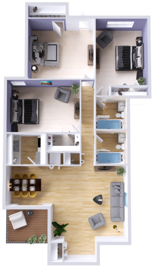 a 3d floor plan of a two bedroom apartment at The  Lennox