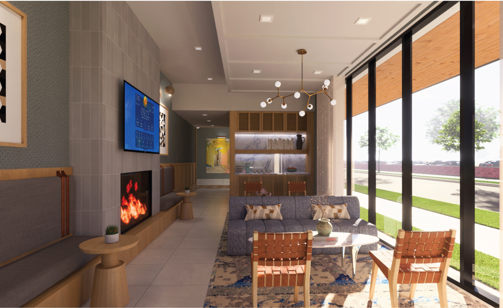a rendering of a living room with a fireplace at The  Delaware