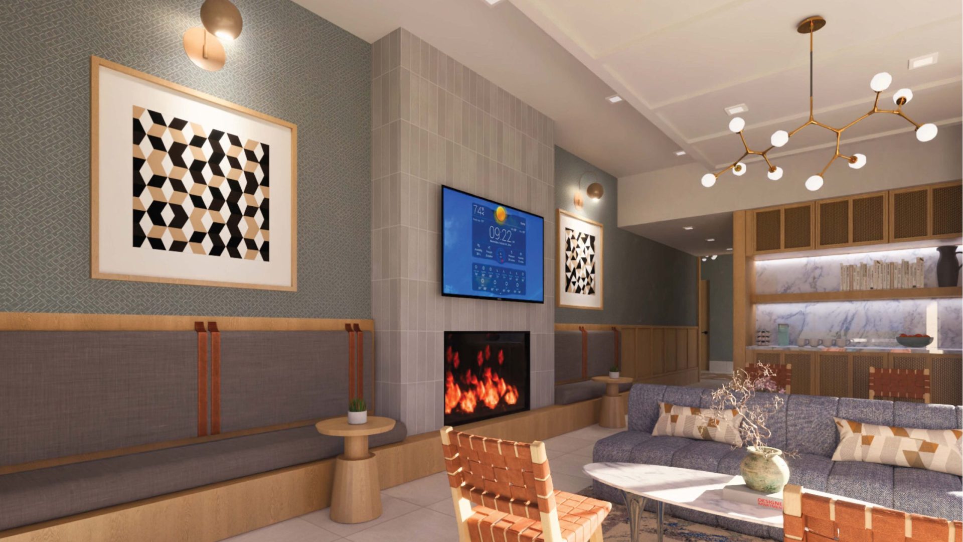 a rendering of a living room with a fireplace at The  Delaware
