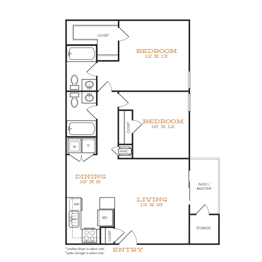 Two-bedroom apartment with two bathrooms, dining, living, and patio