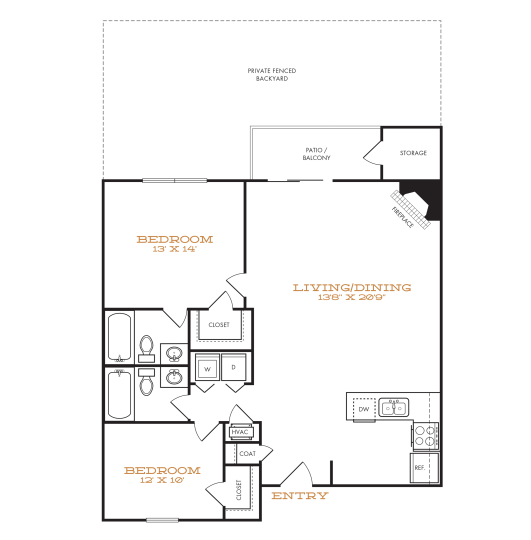 Two-bedroom apartment with private fenced backyard and fireplace