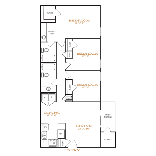 Three-bedroom apartment with dining, living, patio, and washer/dryer