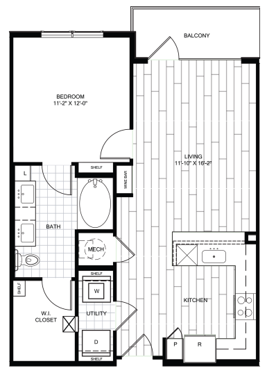Live Oak at the Branch A1 floorplan featuring 1 bedroom, 1 bathroom, with a spacious living area, modern kitchen, and private balcony.