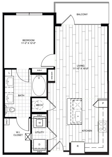 Live Oak at the Branch A2 floorplan featuring 1 bedroom, 1 bathroom, and a spacious living room with direct balcony access.