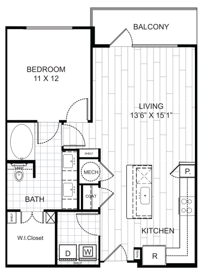 Live Oak at the Branch A3 floorplan featuring 1 bedroom, 1 bathroom, with a large living area and kitchen island.