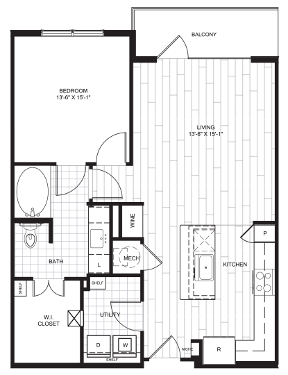 Live Oak at the Branch A5 floorplan featuring 1 bedroom, 1 bathroom, with a kitchen island and direct balcony access.