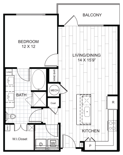 Live Oak at the Branch A6 floorplan featuring 1 bedroom, 1 bathroom, with a study, modern kitchen, and private patio.