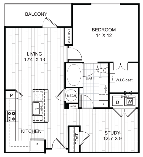 Live Oak at the Branch A7 floorplan featuring 1 bedroom, 1 bathroom, and a study with an open-concept living space.