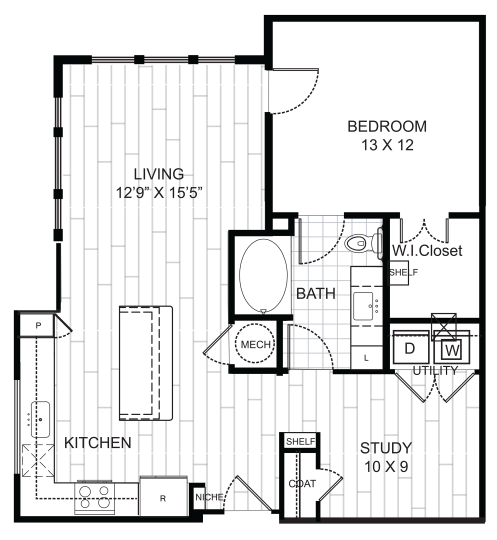 Live Oak at the Branch A8 floorplan featuring 1 bedroom, 1 bathroom, and a study with direct balcony access.
