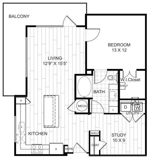 Live Oak at the Branch A9 floorplan featuring 1 bedroom, 1 bathroom, and a study with a spacious kitchen island.