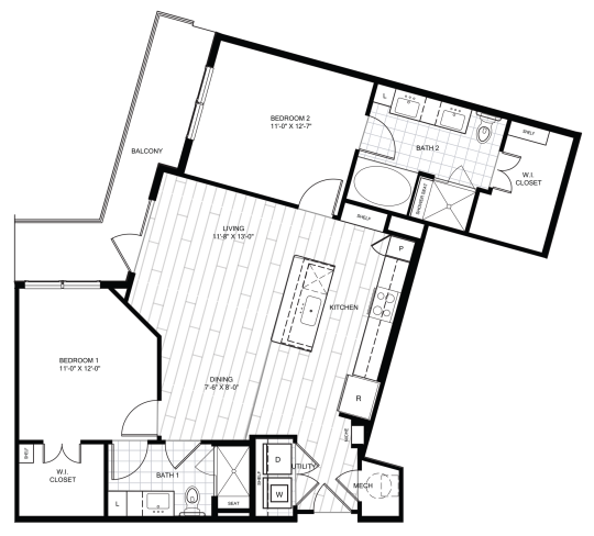 Live Oak at the Branch B1 floorplan featuring 2 bedrooms, 2 bathrooms, with a spacious living area and private balcony.