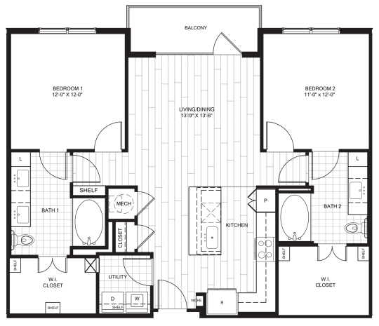 Live Oak at the Branch B2 floorplan featuring 2 bedrooms, 2 bathrooms, with a large kitchen and direct balcony access.