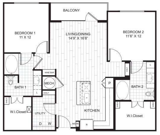 Live Oak at the Branch B3 floorplan featuring 2 bedrooms, 2 bathrooms, with a wine bar and spacious living/dining area.