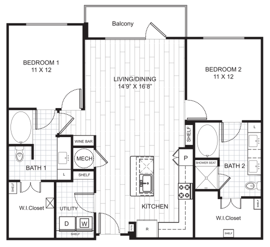 Live Oak at the Branch B4 floorplan featuring 2 bedrooms, 2 bathrooms, with a wine bar and shower seat in the master bath.