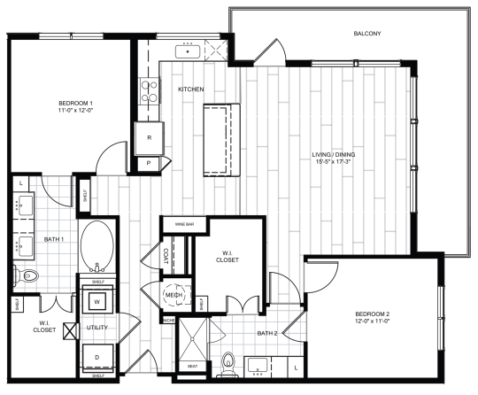 Live Oak at the Branch B5 floorplan featuring 2 bedrooms, 2 bathrooms, with a wine bar and a large living/dining area.