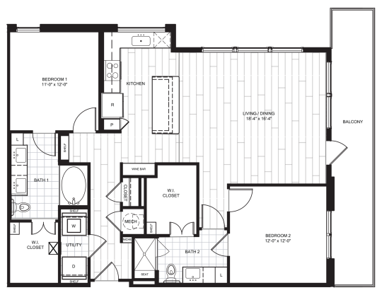Live Oak at the Branch B6 floorplan featuring 2 bedrooms, 2 bathrooms, with an open kitchen and private balcony.