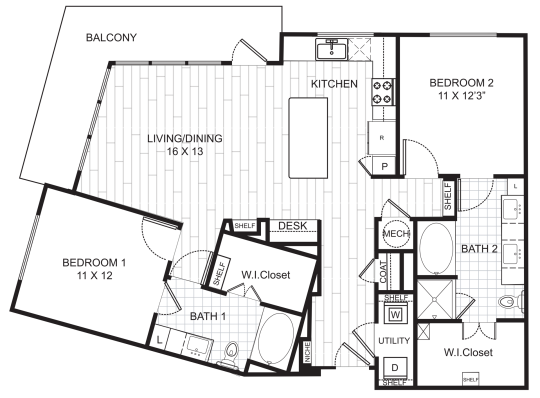 Live Oak at the Branch B7 floorplan featuring 2 bedrooms, 2 bathrooms, with a wine bar and a desk area.