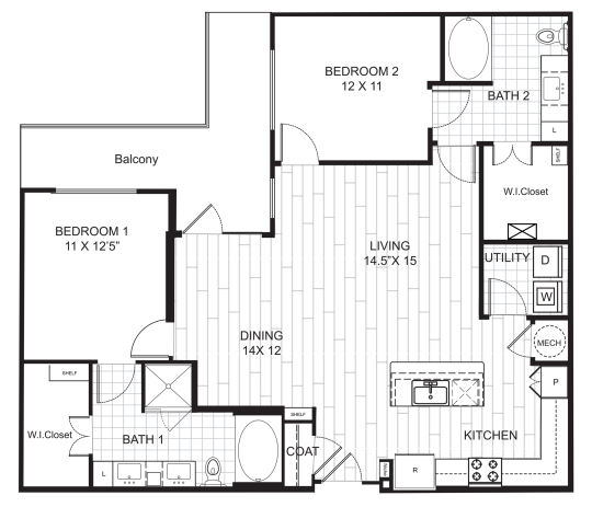 Live Oak at the Branch B8 floorplan featuring 2 bedrooms, 2 bathrooms, with a modern kitchen and private balcony.