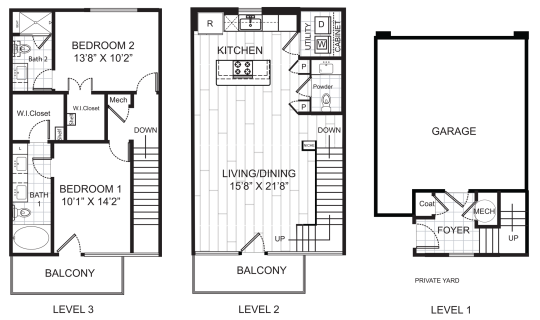 Live Oak at the Branch B9 floorplan featuring 2 bedrooms, 2.5 bathrooms, and a private garage with three levels.