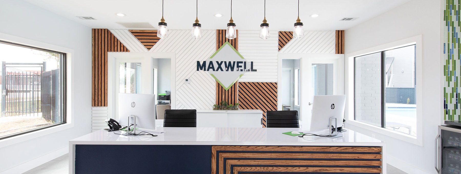 the reception area of a modern office building at The Maxwell