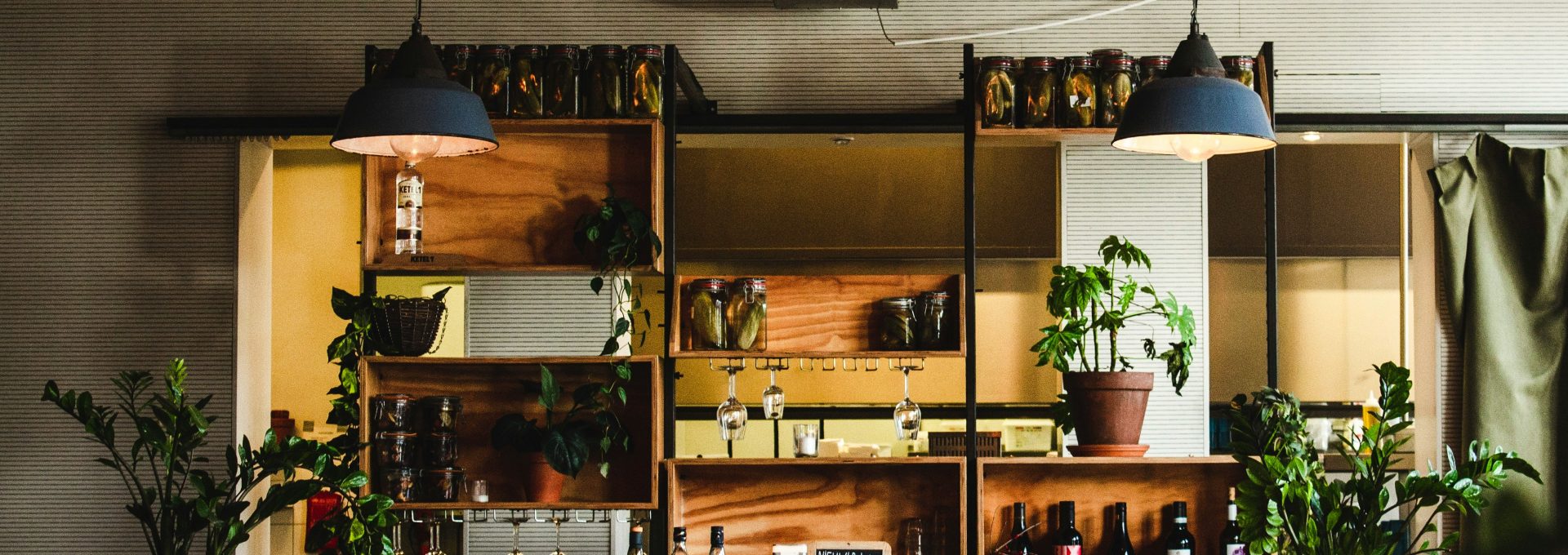 a bar with lots of plants and hanging lights