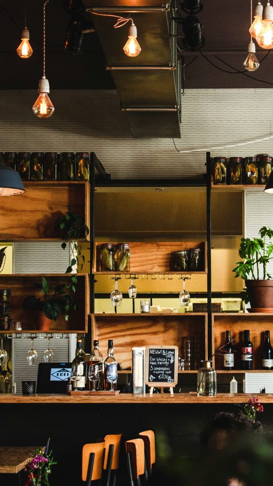 a bar with lots of plants and hanging lights